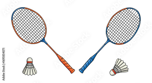 two badminton rackets with shuttlecocks on white background