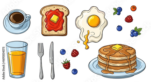 Illustration of breakfast with pancakes toast egg juice and coffee cup