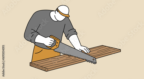 Carpenter Using Saw to Cut Wooden Plank Illustration.