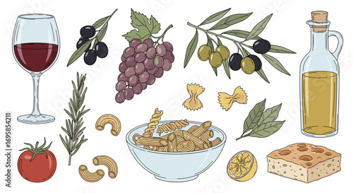 Still life with wine, olives, grapes, pasta, oil, bread, and tomato food