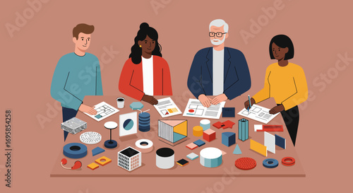 Diverse Team Collaborating Around Design Prototypes.
