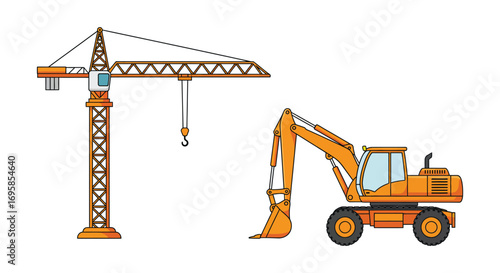 construction site scene with crane and excavator machinery