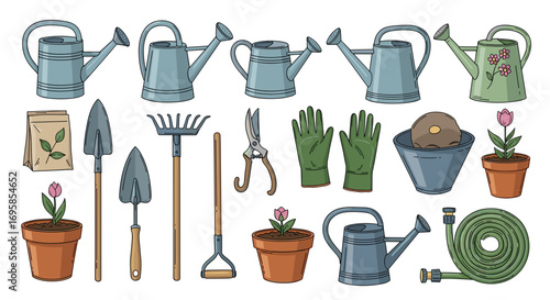 Illustration of various gardening tools and plants arranged neatly together