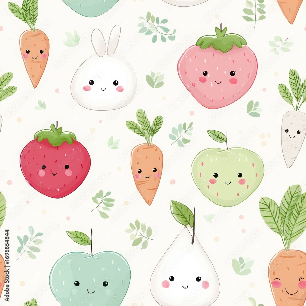 Fototapeta premium Cute Pattern of Cartoon Fruits and Vegetables with Smiling Faces