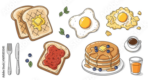 Illustration of breakfast items including toast eggs and pancakes with juice