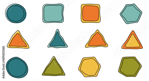 Twelve cartoonish shapes with wavy outlines in various colors arranged neatly