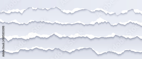 White paper rip tear edges with realistic torn borders and shadow effects for collage design or scrapbook element. Horizontal jagged strips with rough texture for message frames or dividers layouts
