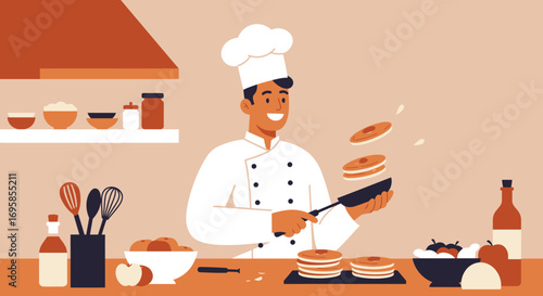 Cheerful Chef Flipping Pancakes in Kitchen Illustration.