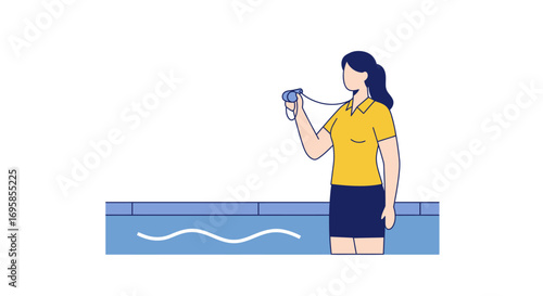 Female Swimming Instructor Holding Whistle Near Pool.