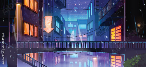 Downtown street scene with neon signs and glowing windows during rainy night. Urban alley between wet buildings with colorful lights. Atmospheric cityscape for anime or cyberpunk backgrounds.