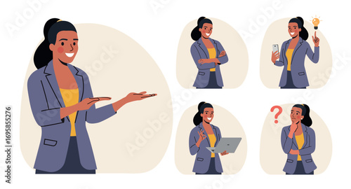 Business woman.Set Different poses.Vector flat style cartoon illustration