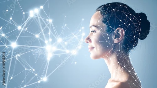 Woman's profile, digital network overlay