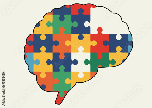 Brain made of colorful puzzle pieces, representing the concept of neurodiversity, mental health, learning, mental problems