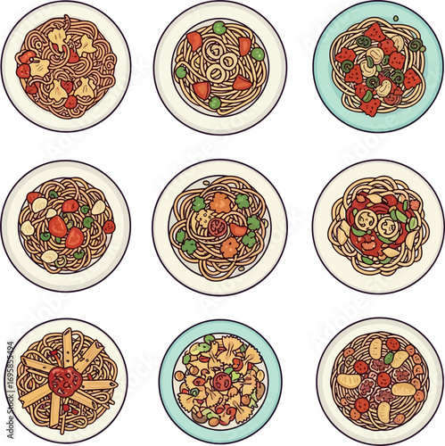 Pasta Dishes with Top View, Vector, and Food Illustration.