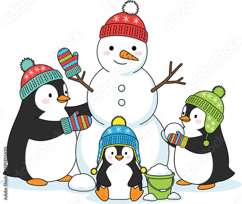 Cute penguins building a snowman together in winter hats