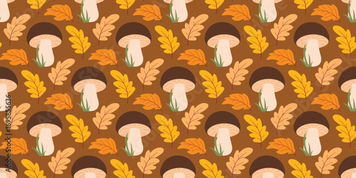 Autumn cozy print with boletus and foliage. Mushroom forest seamless pattern. Atmospheric fall season background with oak leaves and mushrooms, vector graphic