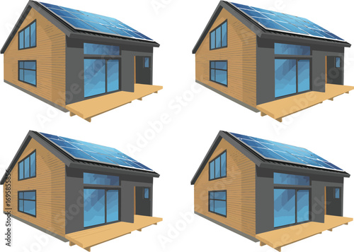Four identical modern wooden houses with solar panels on the roof