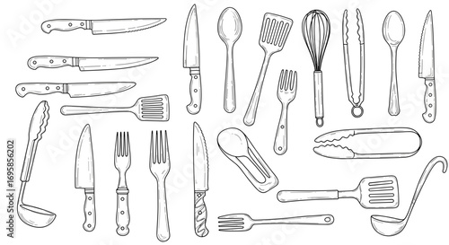 Detailed sketch of various kitchen utensils including knives and forks