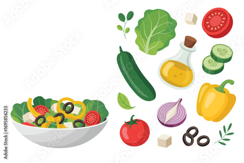 Fresh salad ingredients and prepared bowl of healthy vegetable salad