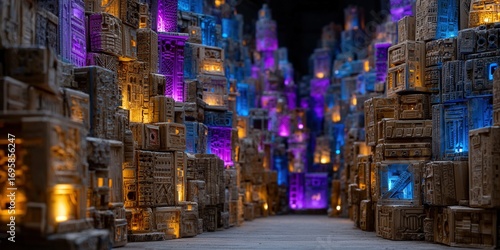 Fototapeta Naklejka Na Ścianę i Meble -  An otherworldly cityscape with illuminated structures and vibrant neon lights.