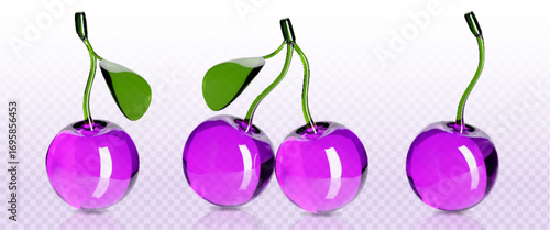 Glossy glass cherry collection with purple transparent fruits and green stems for luxury packaging or slot machine graphics. Shiny berries with leaves for casino games, juice branding, summer designs.