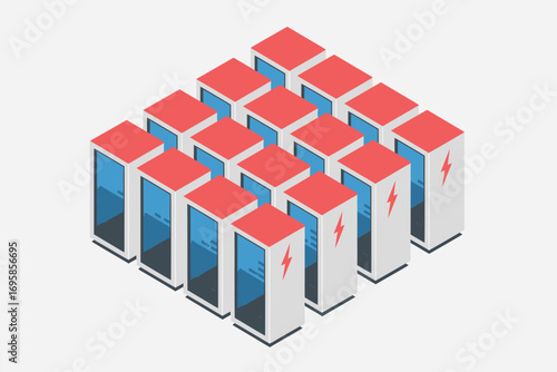 Isometric view of a cluster of modern server racks in a data center