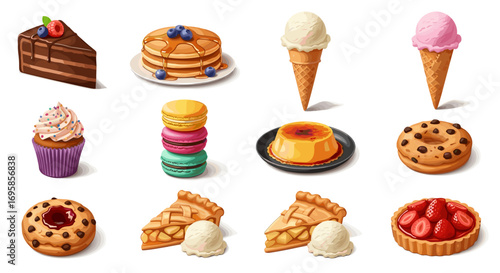An assortment of various desserts including cake pie and ice cream cones