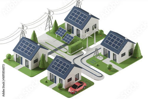 Modern suburban neighborhood with houses powered by solar energy and electric vehicles