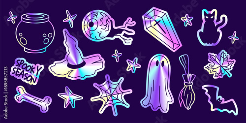 Holographic Halloween sticker set with iridescent ghost, witch hat, gradient coffin, eyeball and spooky cat on purple bg. Holiday elements with stars, spider web, bone and bat for October decorations