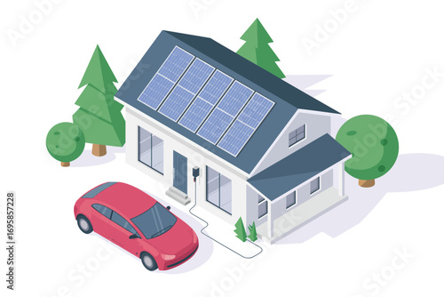Modern house with solar panels on roof and electric car in driveway