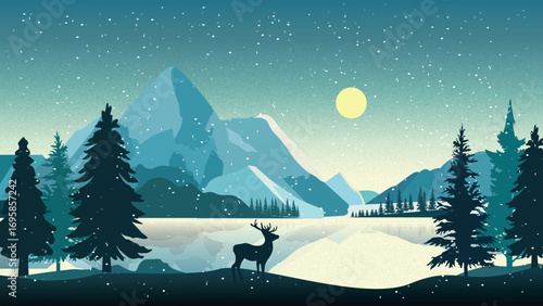 Tranquil Winter Scene with Lake and Pine Forest