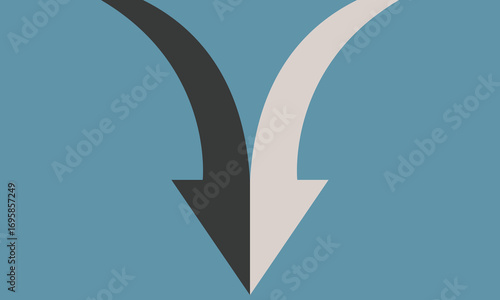 choice with two arrows, blue and white vector concep. Flat illustration. Minimalist illustration of two curved arrows, merging into a single direction against . 