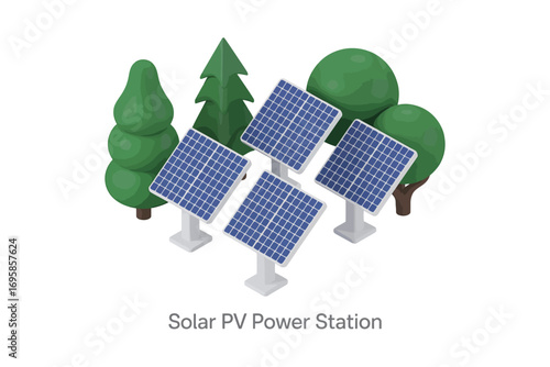 Green energy concept with solar panels and stylized trees on white background