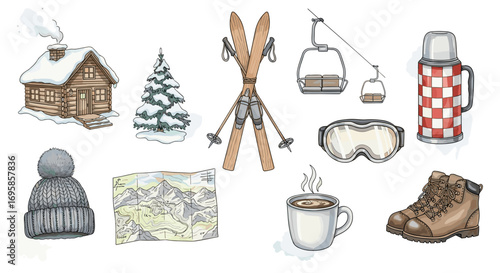 A cozy winter scene with cabin skis and other winter vacation items