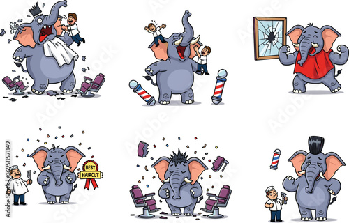 Funny cartoon elephant getting haircut, barber shop, messy hair, happy elephant, barber, hair styling, hair salon, cute animal characters
