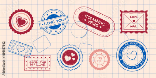 Valentine love stamp collection with romantic postal marks - heart badges, mail envelope seals and circular postmarks for greeting cards or scrapbooking. Vintage designs for February 14 celebration.