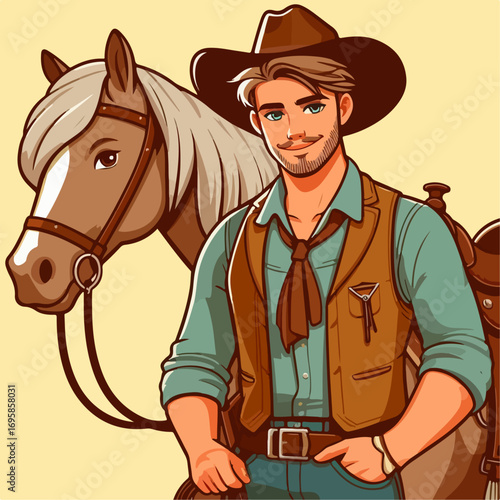 cartoon illustration of a cowboy with a horse 