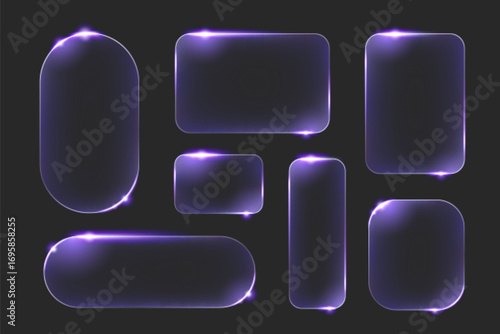 Neon glass frame set with purple glow effects and rounded corners for modern UI design. Dark transparent panels with bright edge lighting and various rectangular shapes. Futuristic buttons or banners