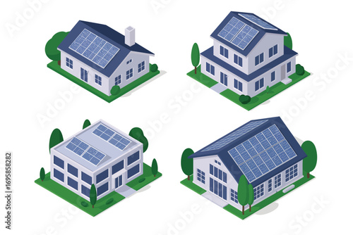 Four isometric houses with solar panels and green landscaping on white background