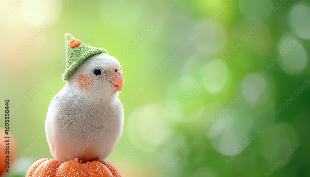 Obraz premium White cockatiel bird wearing green wizard hat perched on orange pumpkin, surrounded by soft green bokeh background, creating whimsical and cheerful atmosphere