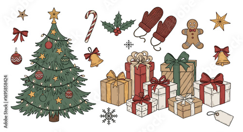 A christmas tree with gifts mittens and other christmas decorations here