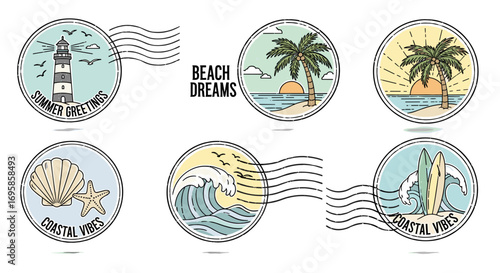 Collection of beach themed oval designs with summer and coastal elements