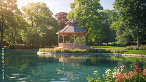 Wooden gazebo on lake with reflection in park