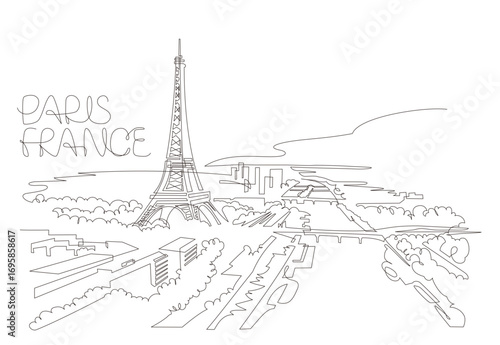 It is a single-stroke illustration of the Paris cityscape with the Eiffel Tower. Paris, France
