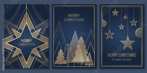 Elegant Christmas card designs with minimalist golden snowflake, geometric tree silhouettes and hanging baubles with ornaments on blue bg. Art deco geometric star motifs with linear decorations