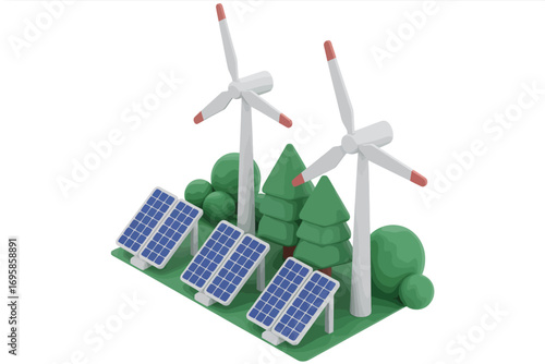 Clean energy concept with wind turbines and solar panels in a green landscape