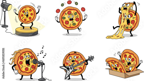 Funny cartoon pizza characters, musical food art, animated slices performing, cheese pulling, pizza box fun, humorous food illustration, quirky emotions