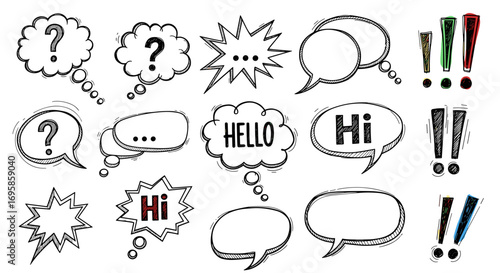 Collection of speech bubbles with question marks hello and hi messages