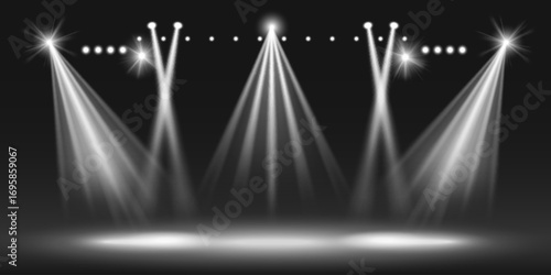 Concert stage spotlight beam setup with dramatic white rays and theatrical lighting for performances. Multiple lights with starbursts and floor illumination. Professional entertainment effects.