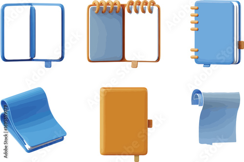 Collection of stylized 3d rendered notebooks and journals in various colors